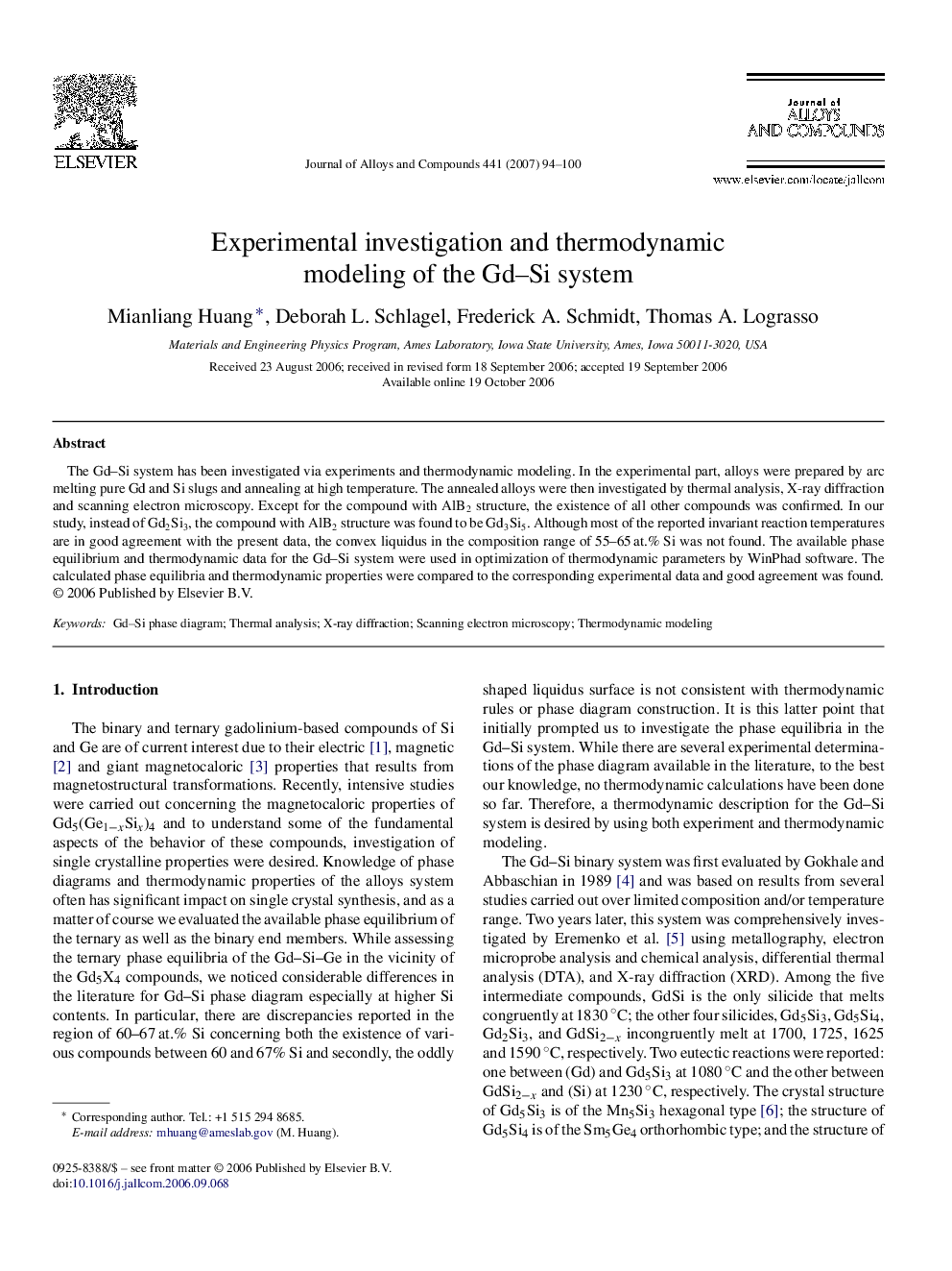 Experimental investigation and thermodynamic modeling of the Gd-Si system