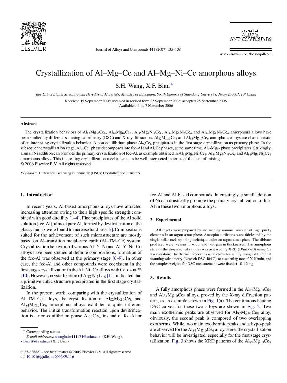 Crystallization of Al–Mg–Ce and Al–Mg–Ni–Ce amorphous alloys