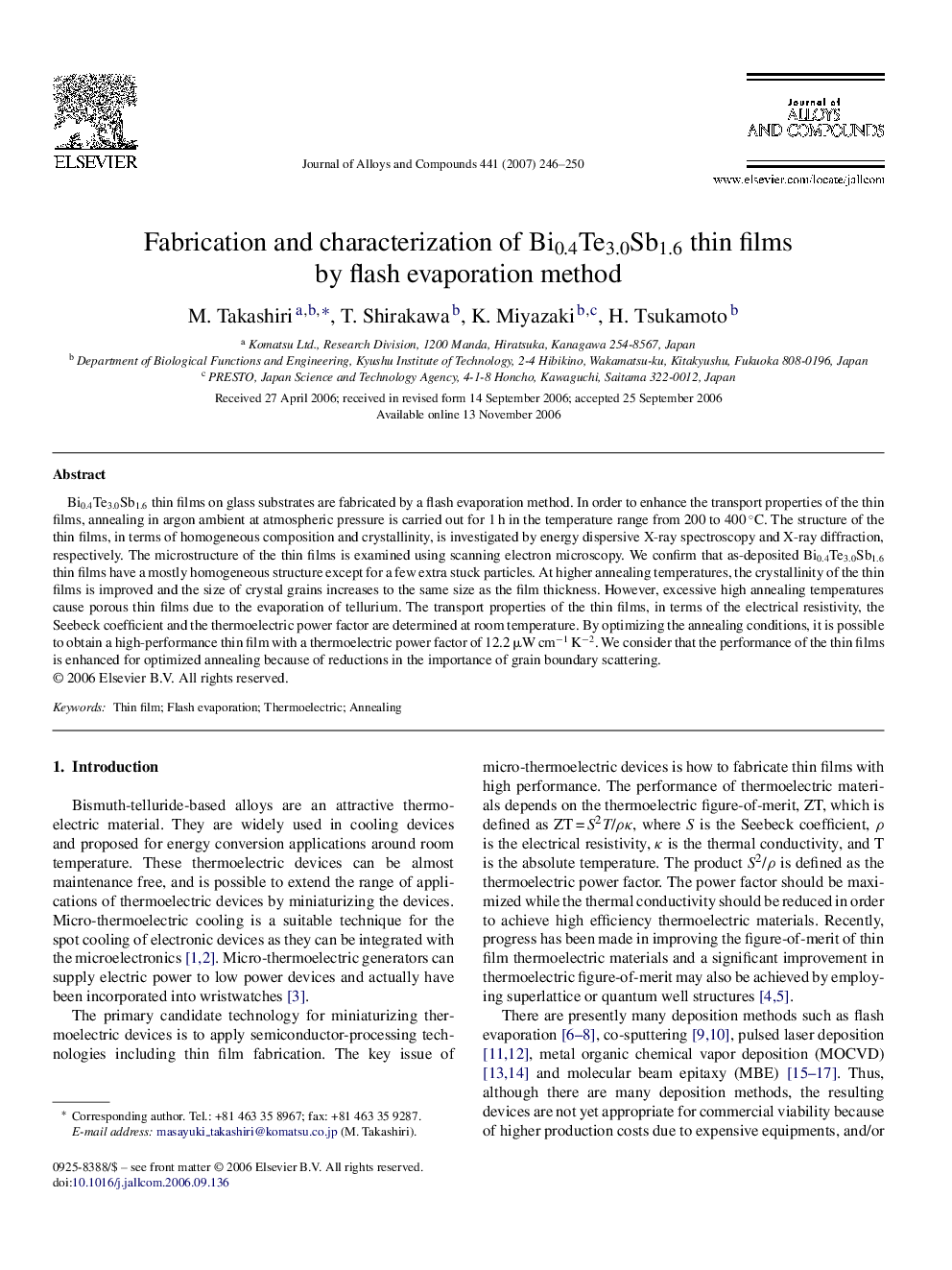 Fabrication and characterization of Bi0.4Te3.0Sb1.6 thin films by flash evaporation method