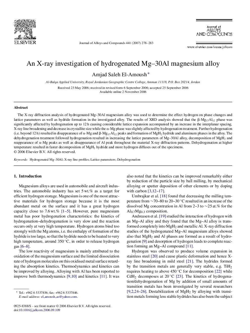 An X-ray investigation of hydrogenated Mg–30Al magnesium alloy