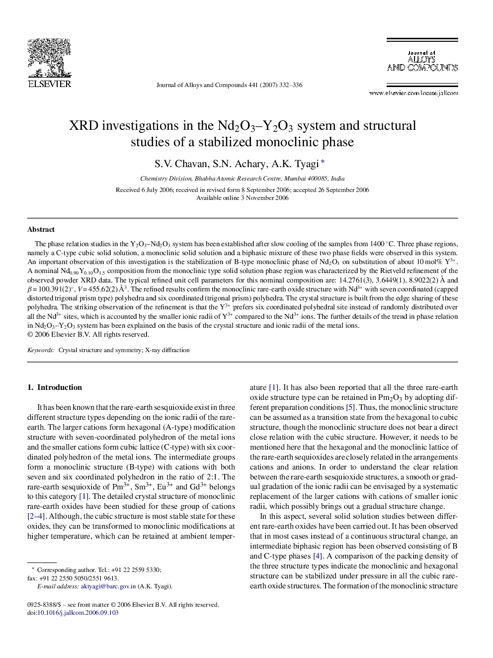 XRD investigations in the Nd2O3–Y2O3 system and structural studies of a stabilized monoclinic phase