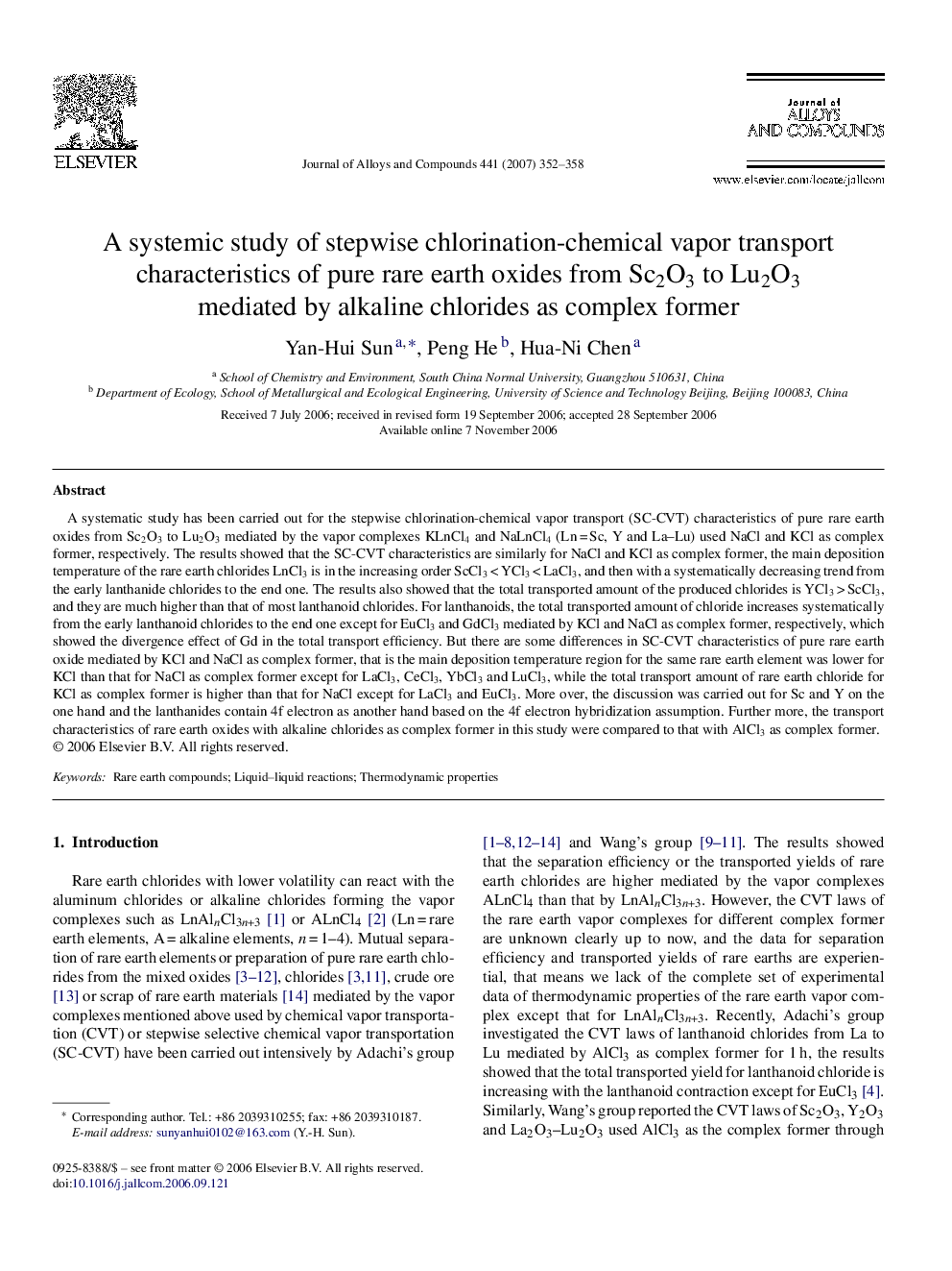 A systemic study of stepwise chlorination-chemical vapor transport characteristics of pure rare earth oxides from Sc2O3 to Lu2O3 mediated by alkaline chlorides as complex former