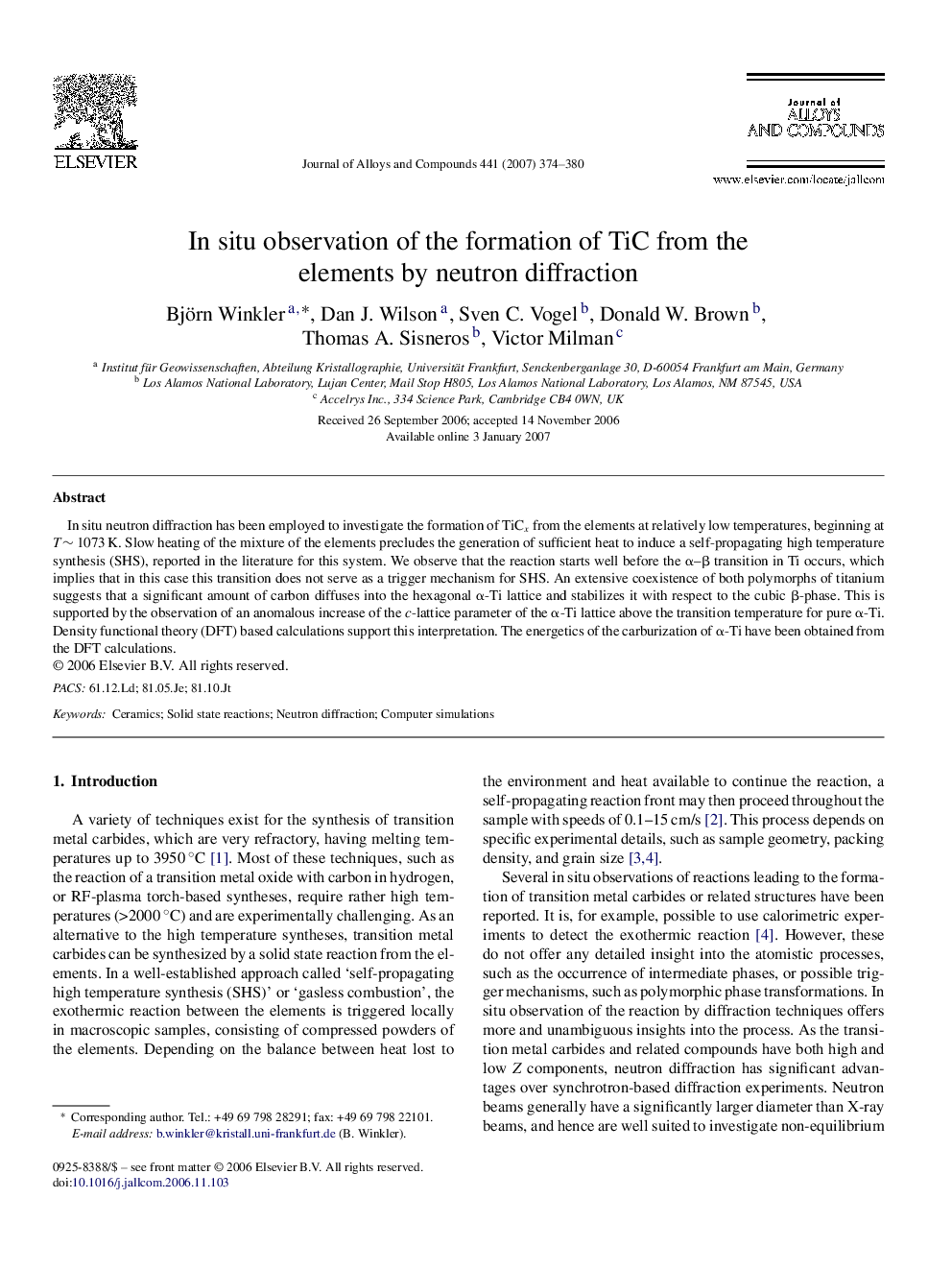 In situ observation of the formation of TiC from the elements by neutron diffraction