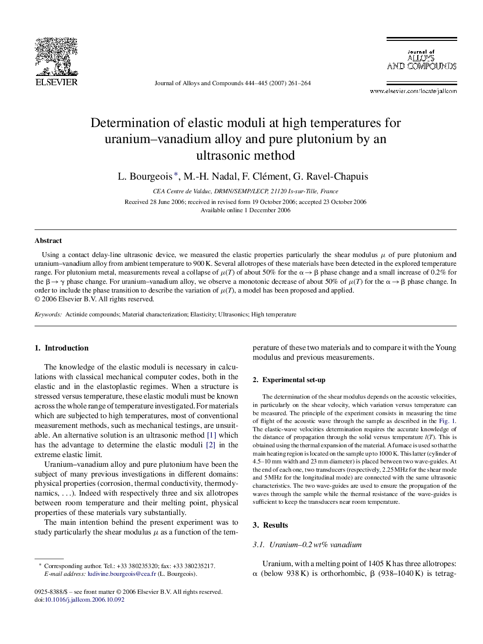 Determination of elastic moduli at high temperatures for uranium–vanadium alloy and pure plutonium by an ultrasonic method