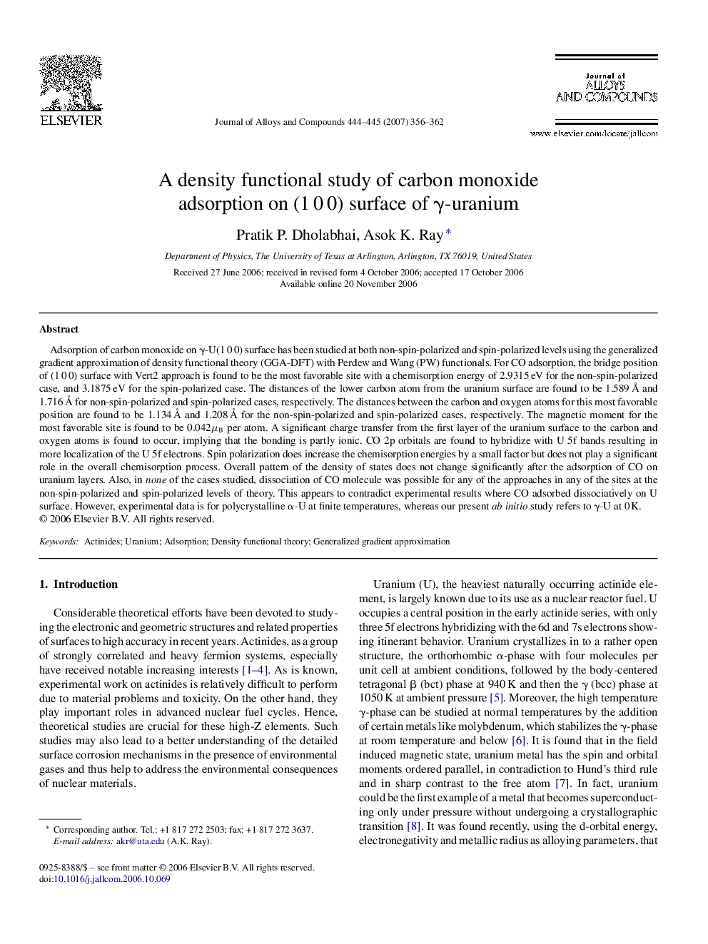 A density functional study of carbon monoxide adsorption on (1 0 0) surface of γ-uranium