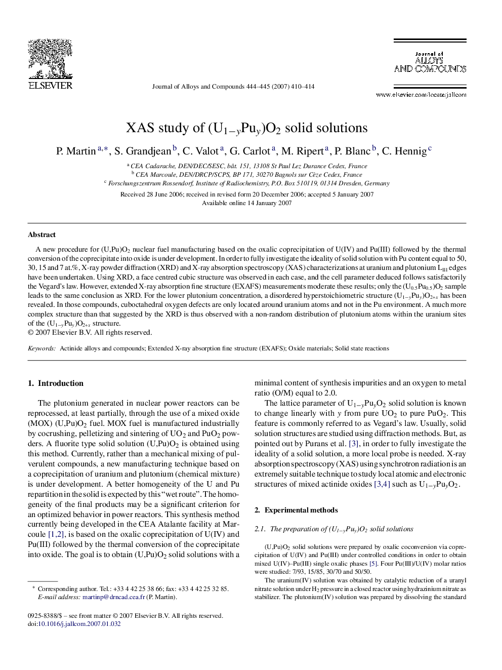 XAS study of (U1−yPuy)O2 solid solutions