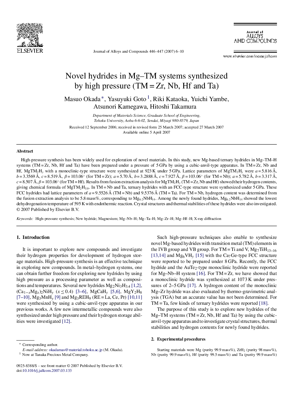 Novel hydrides in Mg–TM systems synthesized by high pressure (TM = Zr, Nb, Hf and Ta)