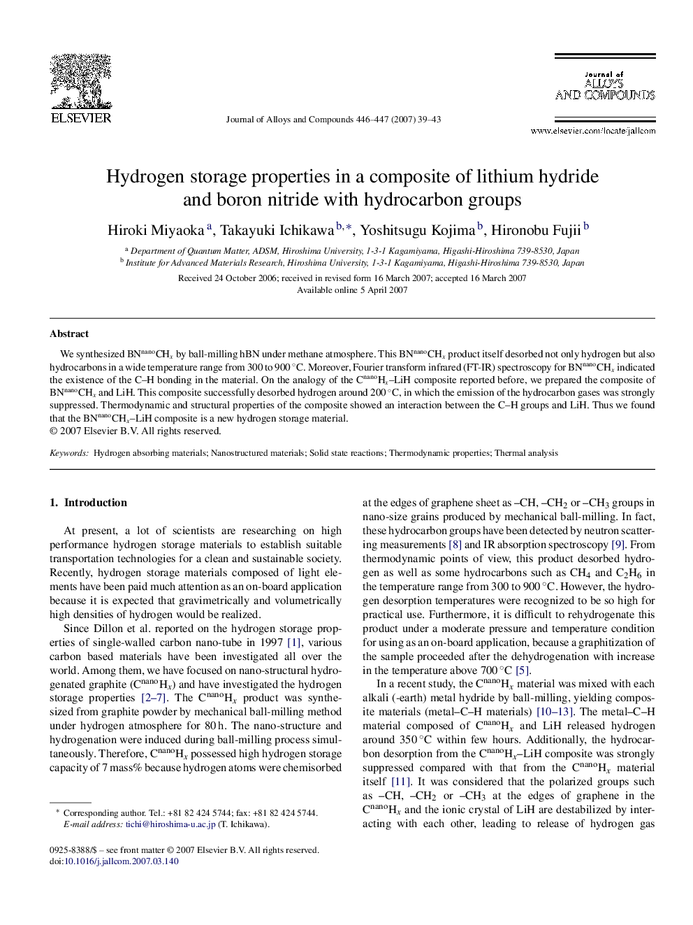 Hydrogen storage properties in a composite of lithium hydride and boron nitride with hydrocarbon groups