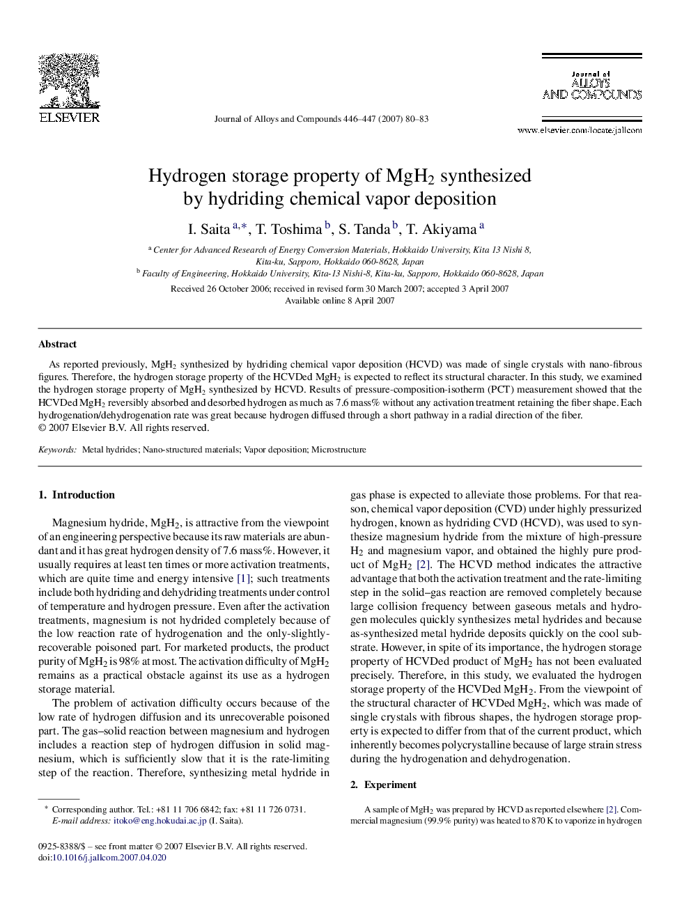 Hydrogen storage property of MgH2 synthesized by hydriding chemical vapor deposition