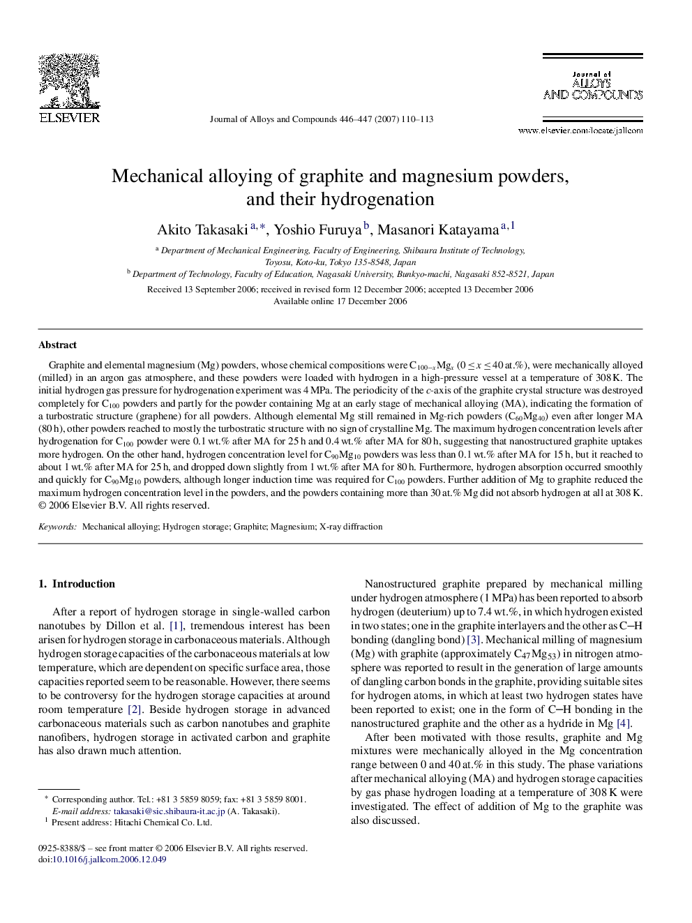 Mechanical alloying of graphite and magnesium powders, and their hydrogenation