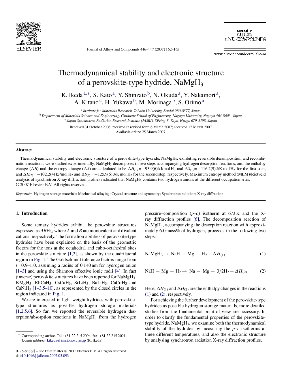 Thermodynamical stability and electronic structure of a perovskite-type hydride, NaMgH3