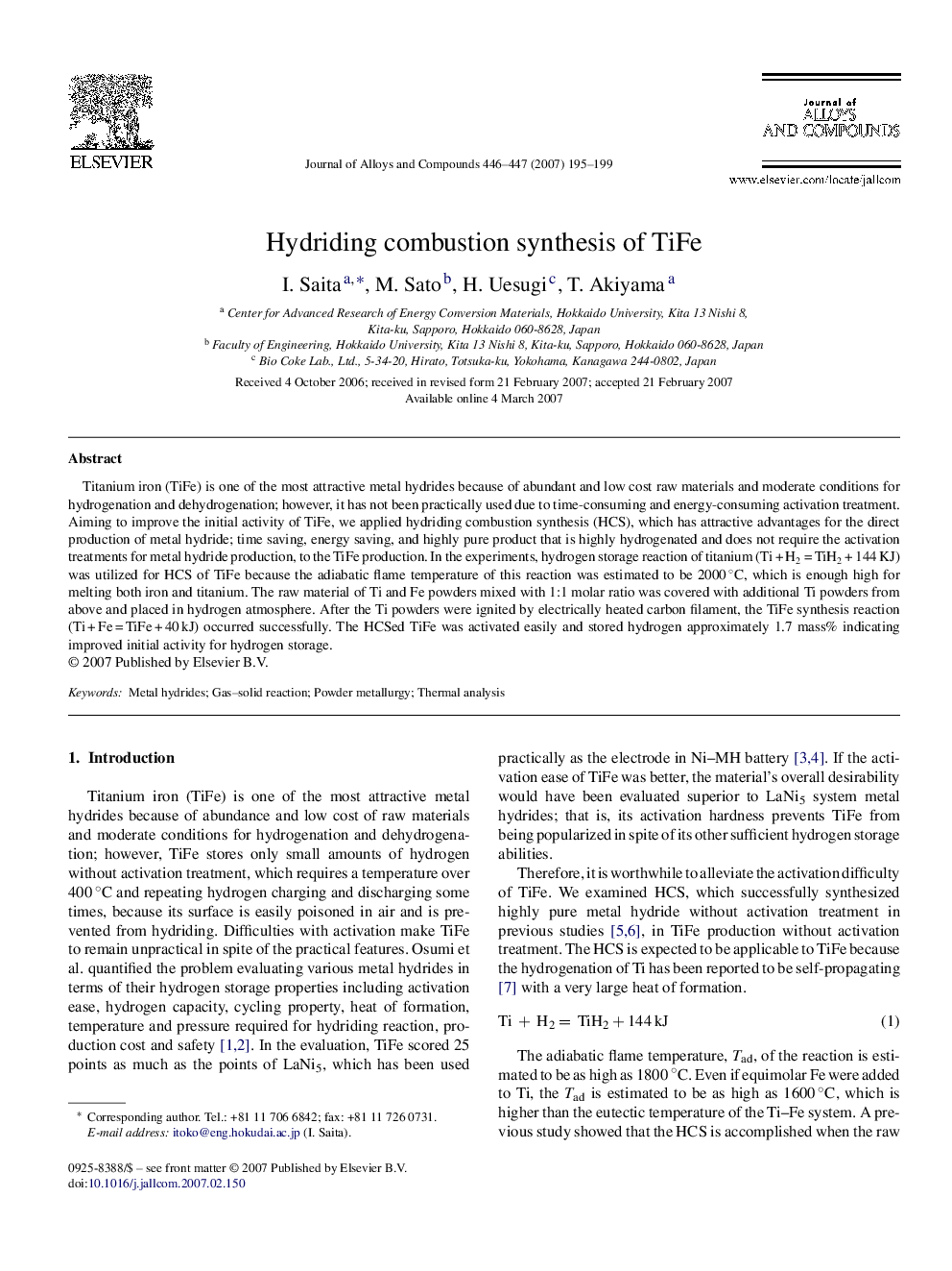 Hydriding combustion synthesis of TiFe