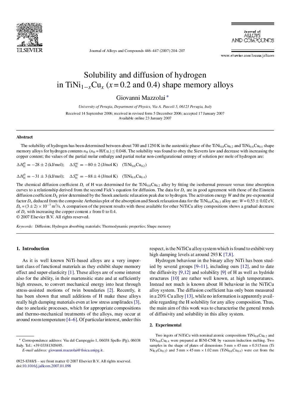 Solubility and diffusion of hydrogen in TiNi1−xCux (x = 0.2 and 0.4) shape memory alloys