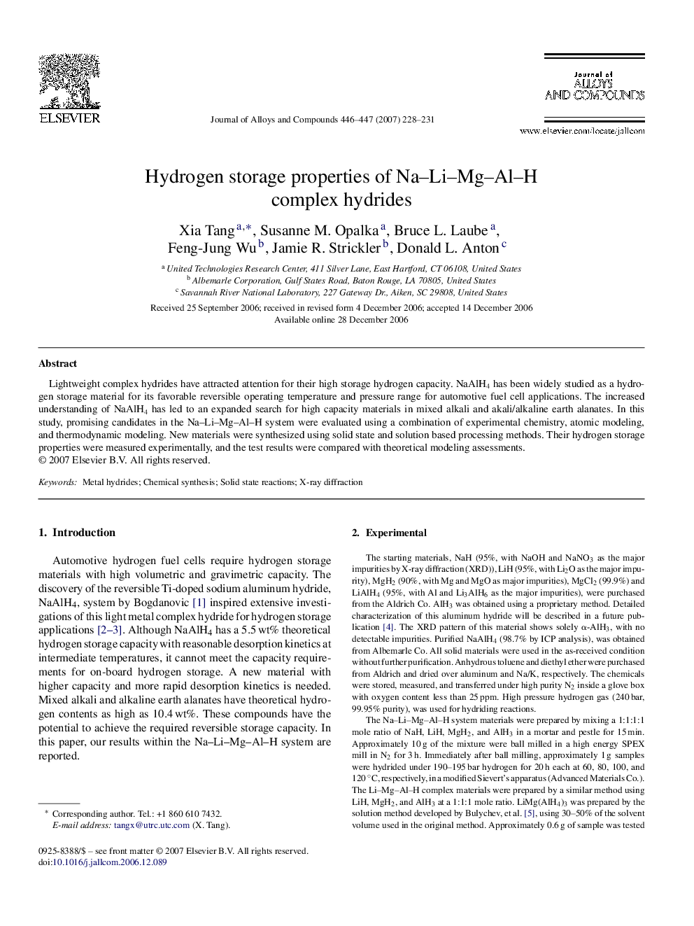 Hydrogen storage properties of Na–Li–Mg–Al–H complex hydrides