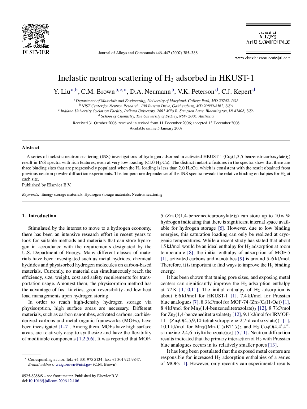 Inelastic neutron scattering of H2 adsorbed in HKUST-1