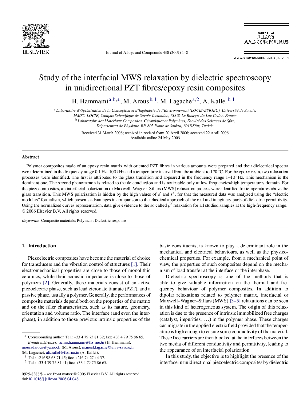 Study of the interfacial MWS relaxation by dielectric spectroscopy in unidirectional PZT fibres/epoxy resin composites