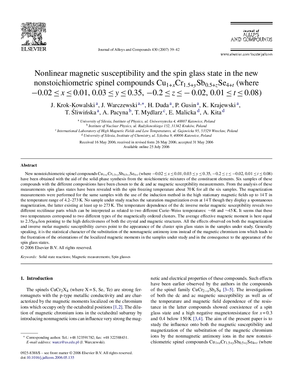 Nonlinear magnetic susceptibility and the spin glass state in the new nonstoichiometric spinel compounds Cu1+xCr1.5+ySb0.5+zSe4+t (where −0.02 ≤ x ≤ 0.01, 0.03 ≤ y ≤ 0.35, −0.2 ≤ z ≤ − 0.02, 0.01 ≤ t ≤ 0.08)