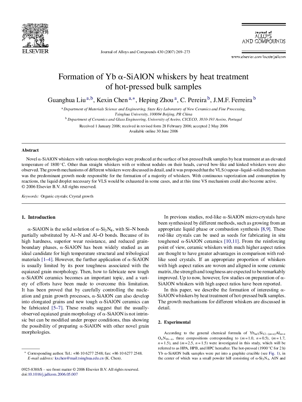 Formation of Yb α-SiAlON whiskers by heat treatment of hot-pressed bulk samples