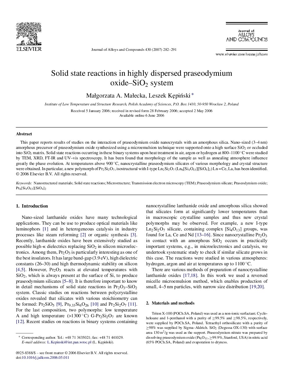 Solid state reactions in highly dispersed praseodymium oxide–SiO2 system