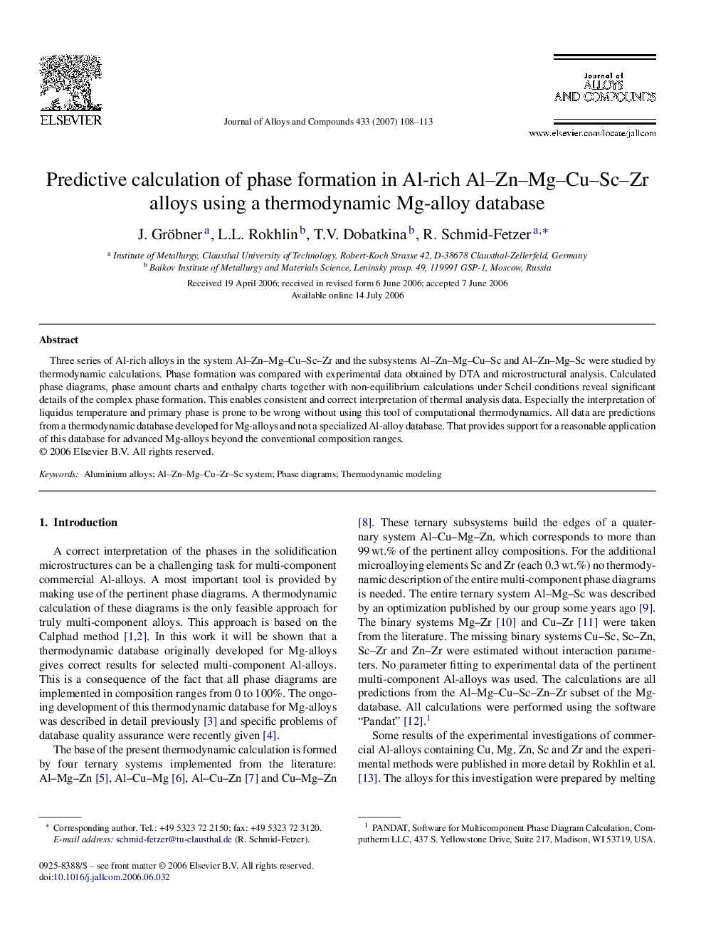 Predictive calculation of phase formation in Al-rich Al–Zn–Mg–Cu–Sc–Zr alloys using a thermodynamic Mg-alloy database