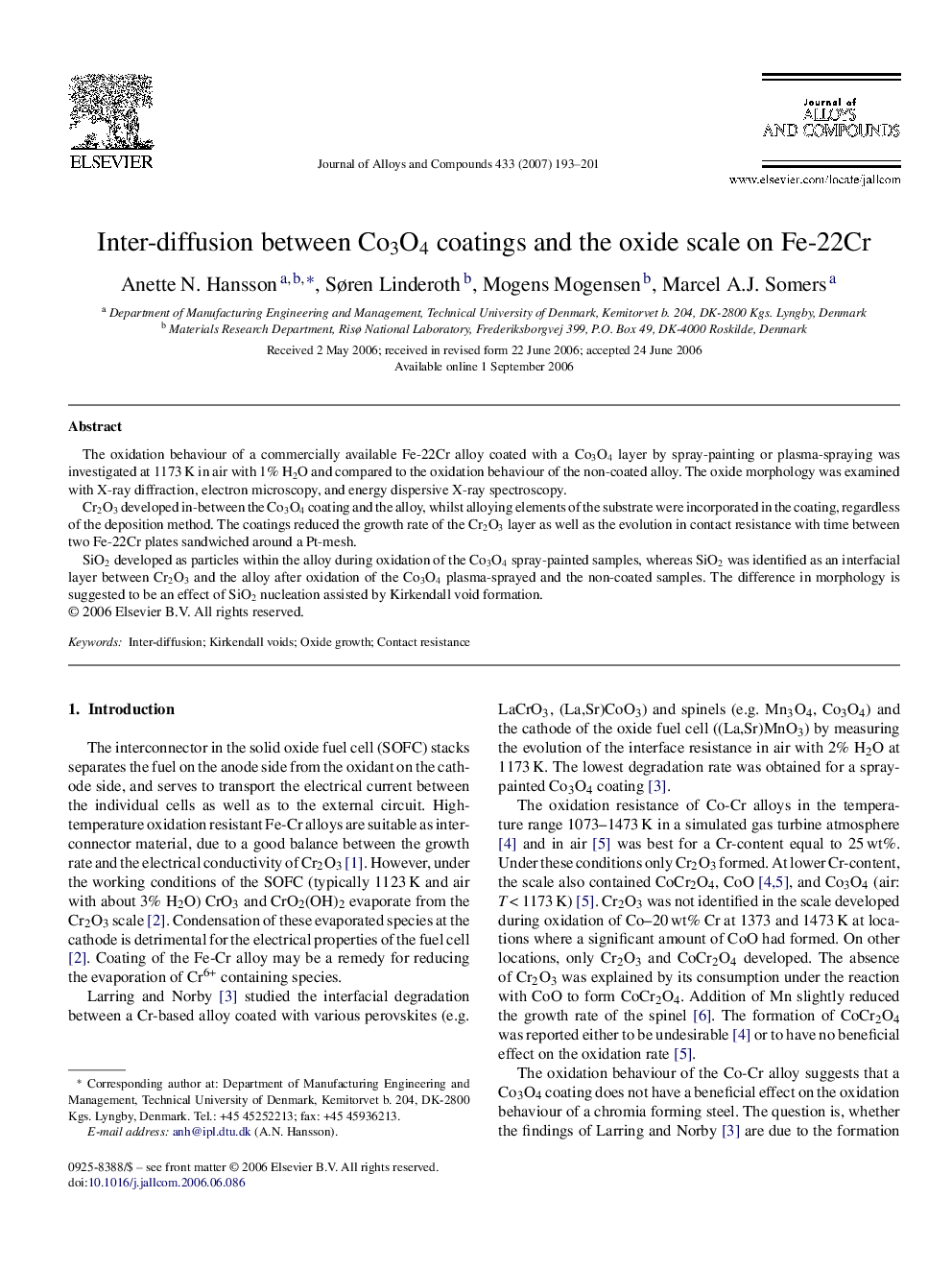 Inter-diffusion between Co3O4 coatings and the oxide scale on Fe-22Cr