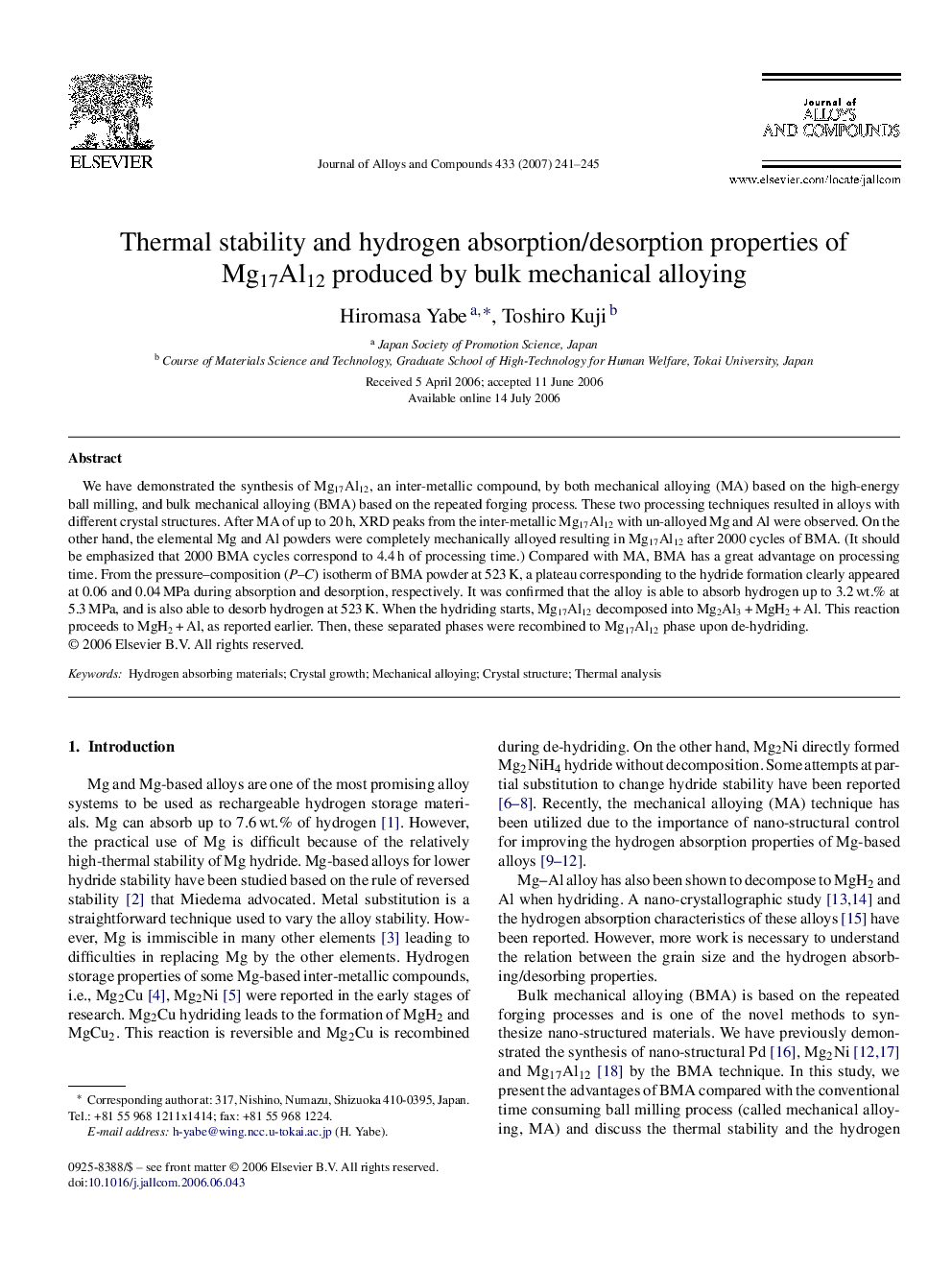 Thermal stability and hydrogen absorption/desorption properties of Mg17Al12 produced by bulk mechanical alloying