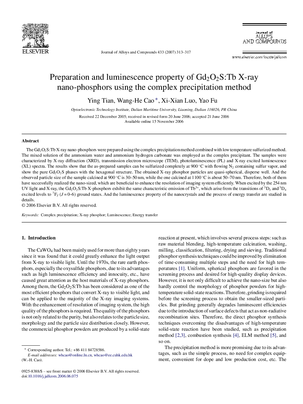 Preparation and luminescence property of Gd2O2S:Tb X-ray nano-phosphors using the complex precipitation method