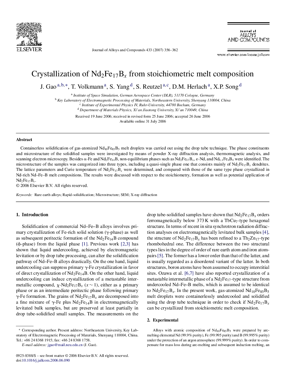 Crystallization of Nd2Fe17Bx from stoichiometric melt composition