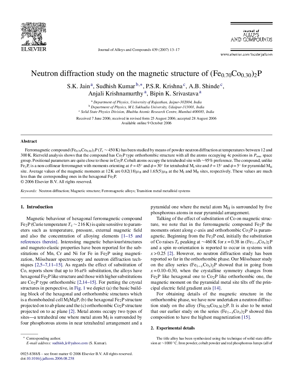 Neutron diffraction study on the magnetic structure of (Fe0.70Co0.30)2P