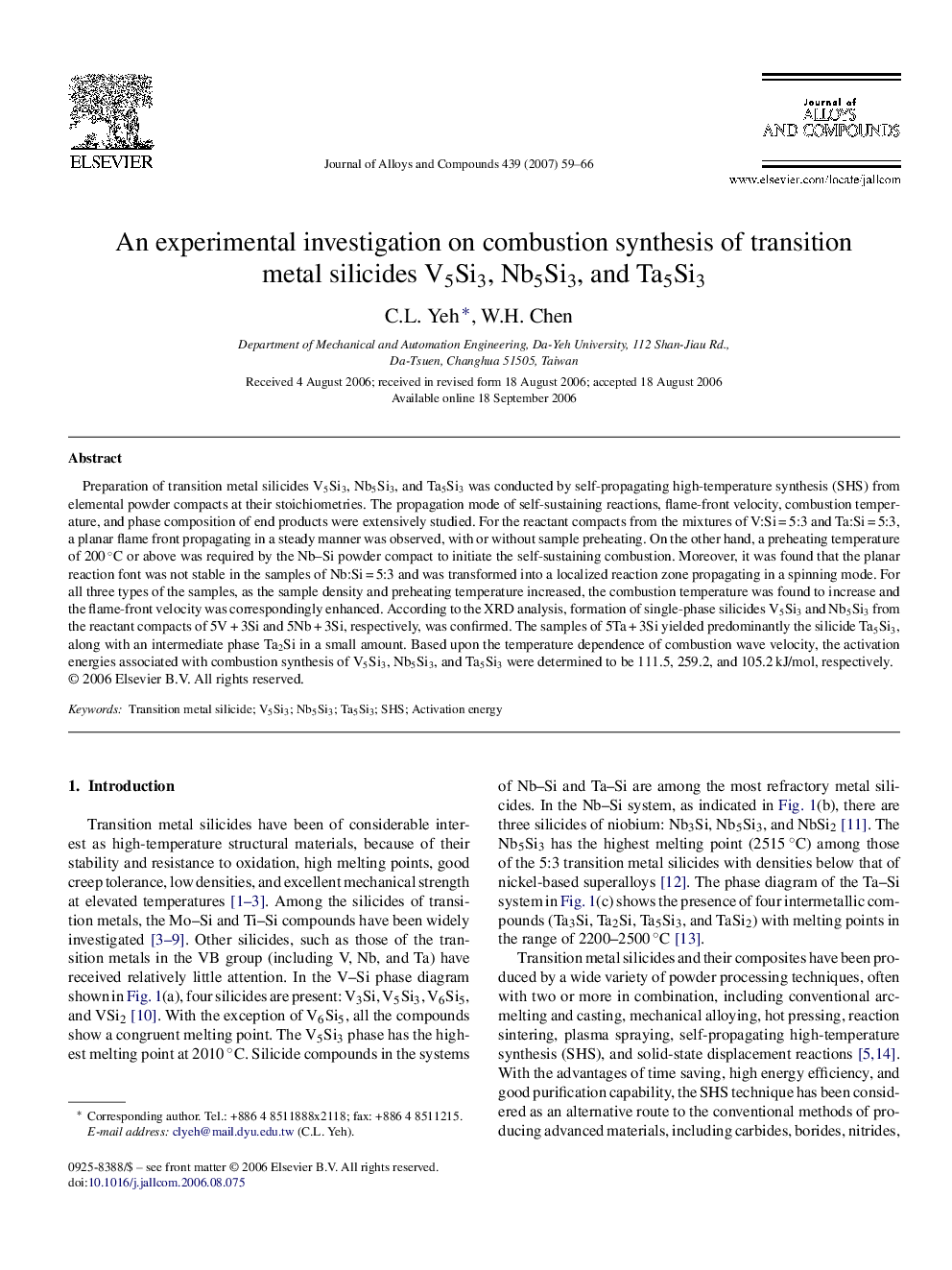عکس صفحه اول مقاله: An experimental investigation on combustion synthesis of transition metal silicides V5Si3, Nb5Si3, and Ta5Si3 An experimental investigation on combustion synthesis of transition metal silicides V5Si3, Nb5Si3, and Ta5Si3