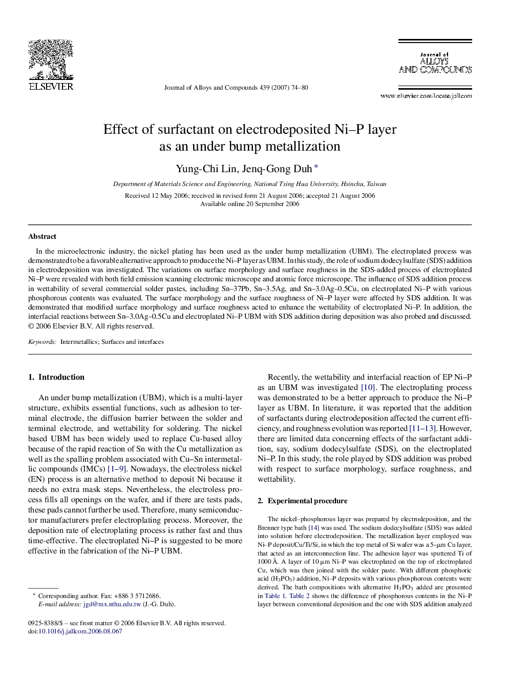 Effect of surfactant on electrodeposited Ni–P layer as an under bump metallization