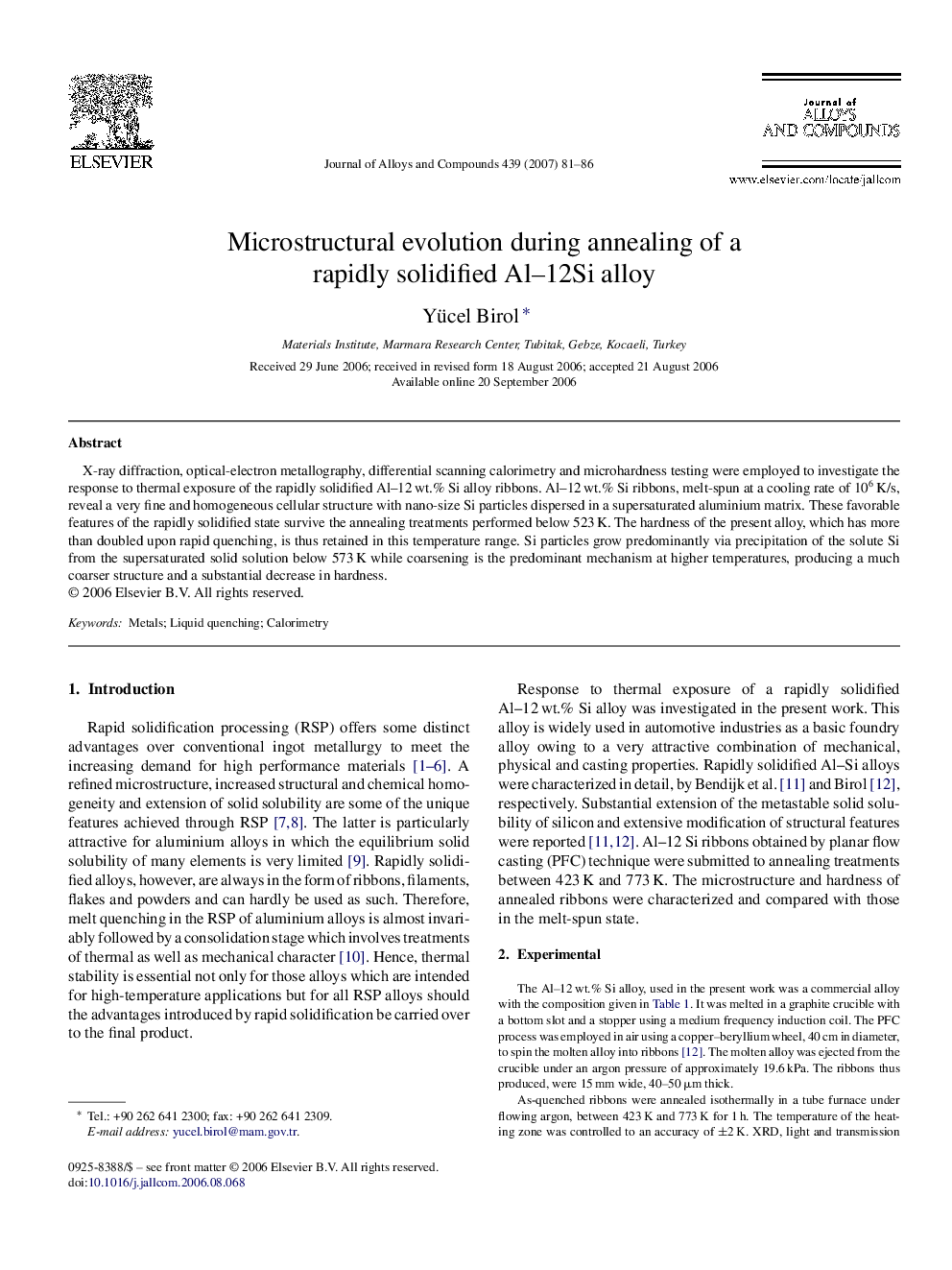 Microstructural evolution during annealing of a rapidly solidified Al–12Si alloy