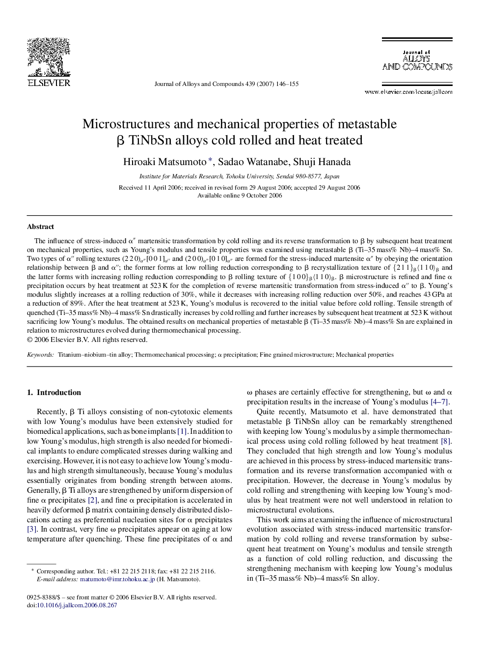 Microstructures and mechanical properties of metastable β TiNbSn alloys cold rolled and heat treated