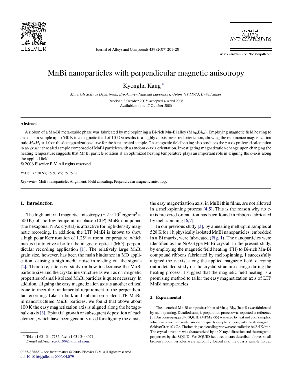 MnBi nanoparticles with perpendicular magnetic anisotropy