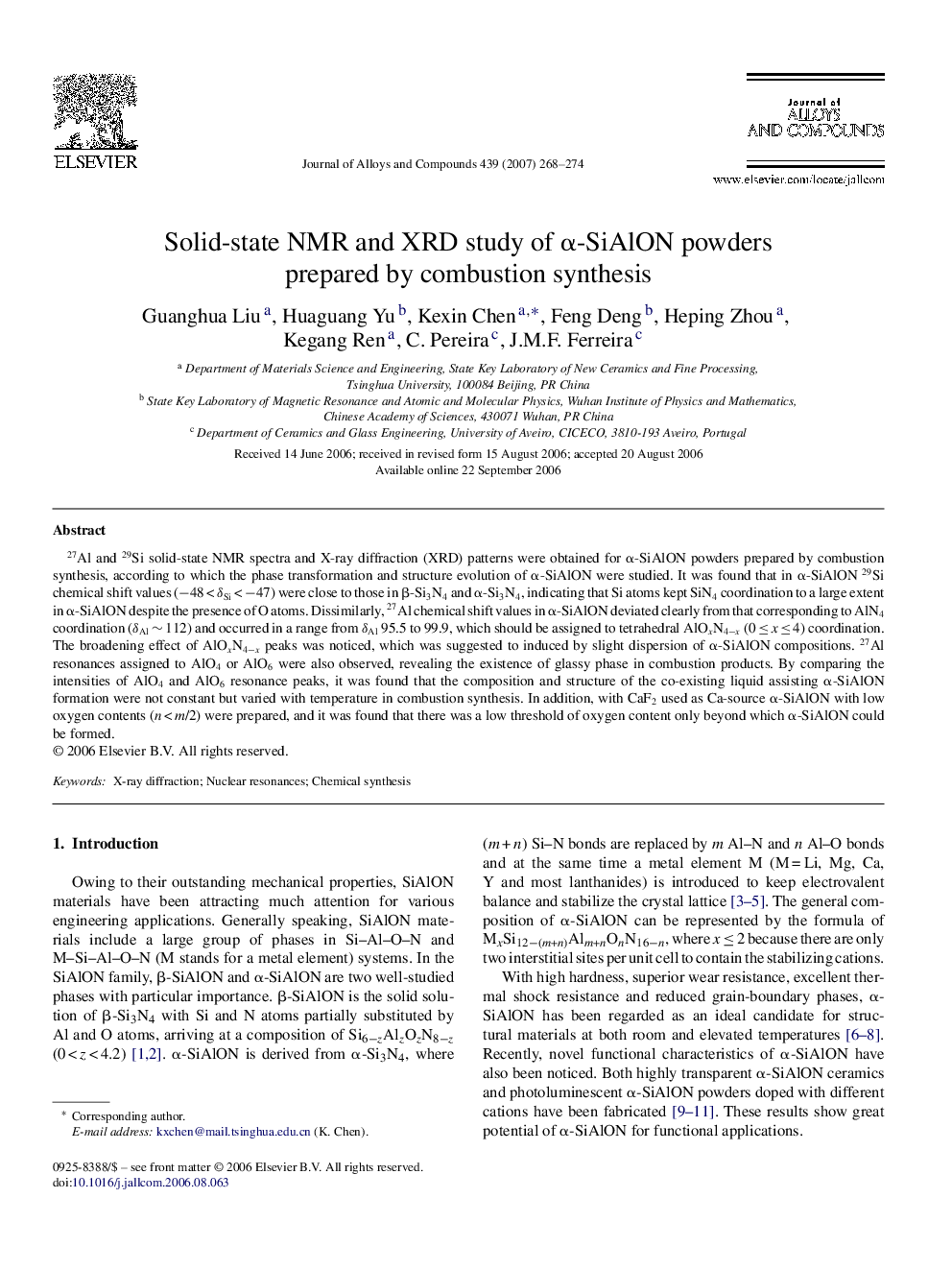 Solid-state NMR and XRD study of α-SiAlON powders prepared by combustion synthesis