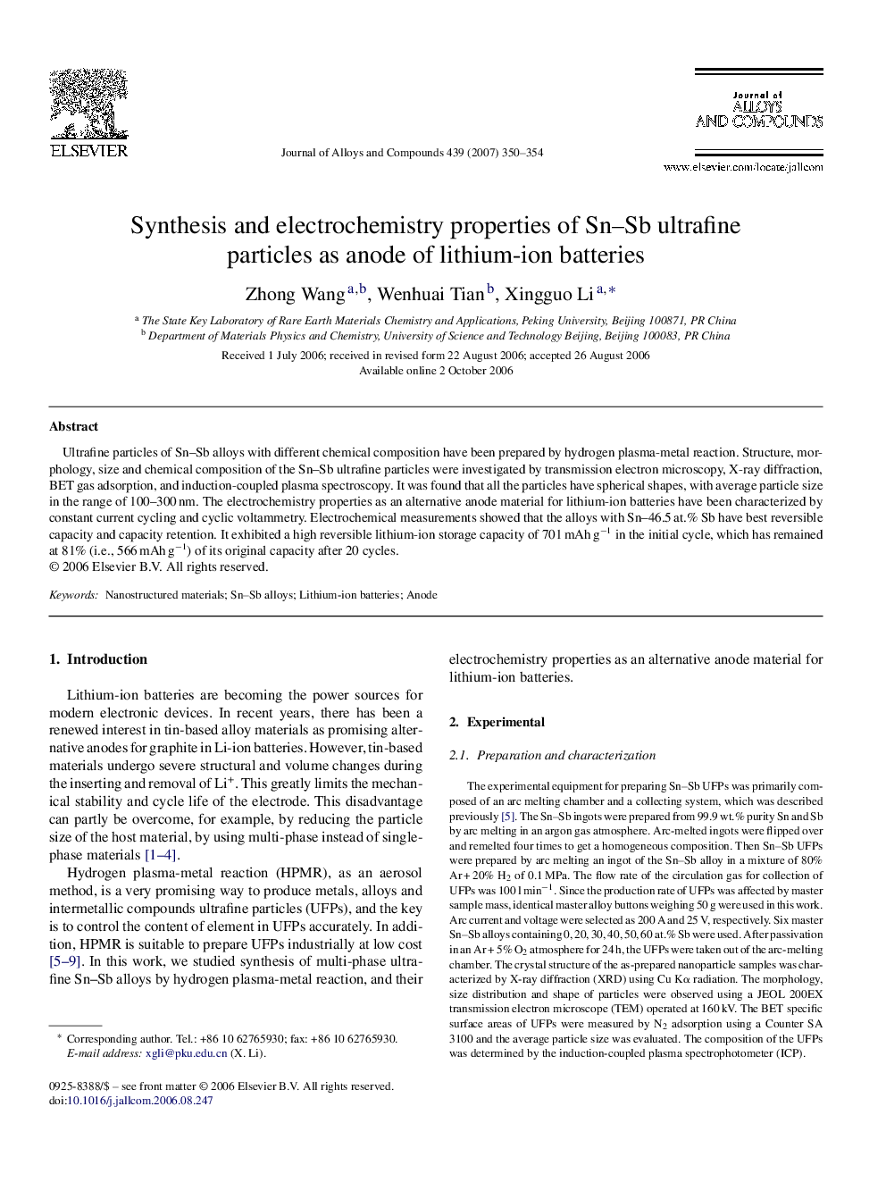 Synthesis and electrochemistry properties of Sn–Sb ultrafine particles as anode of lithium-ion batteries