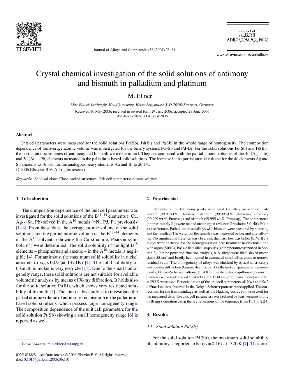 Crystal chemical investigation of the solid solutions of antimony and bismuth in palladium and platinum