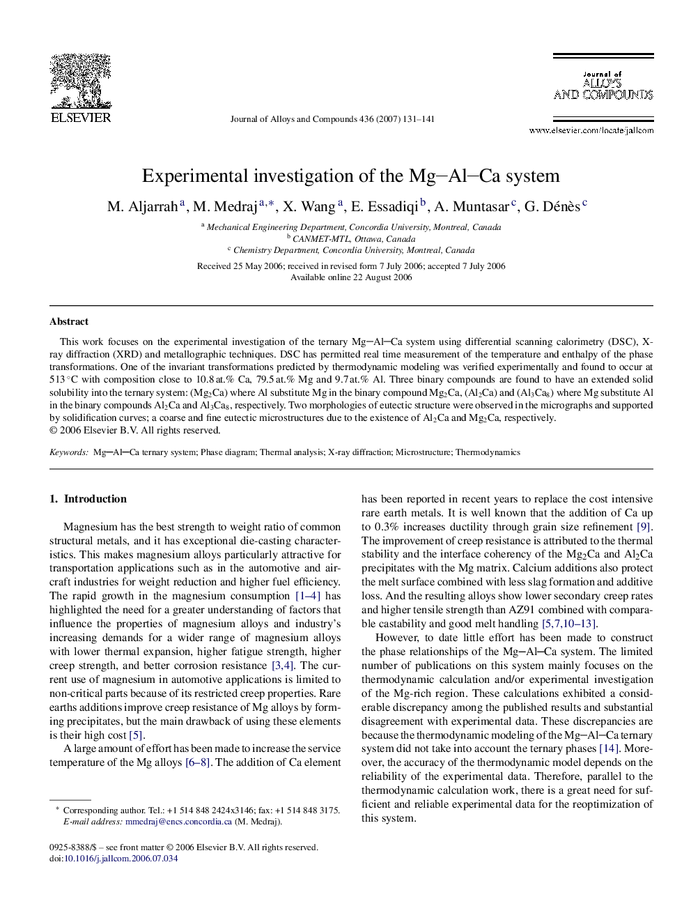 Experimental investigation of the MgAlCa system