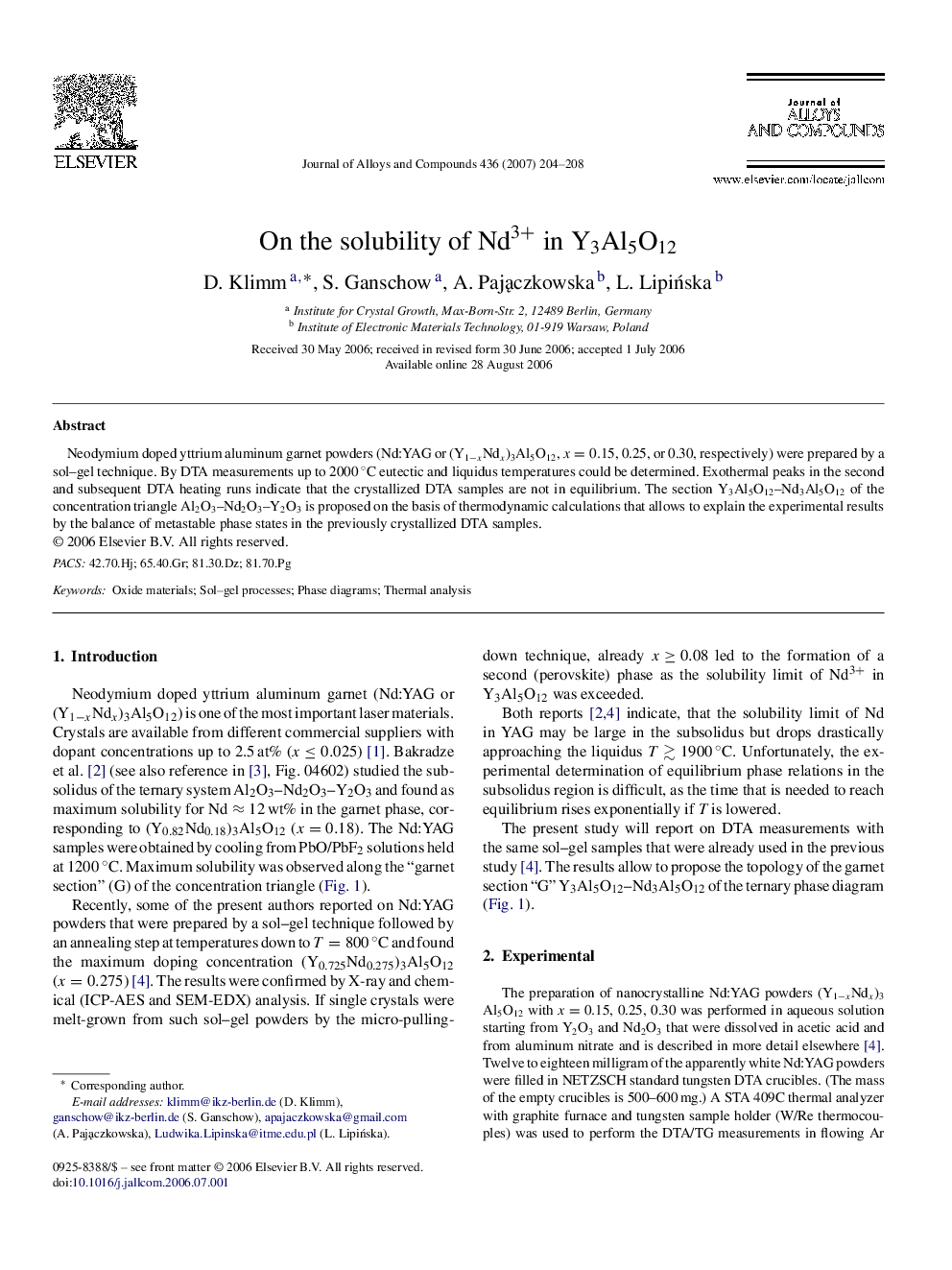 On the solubility of Nd3+ in Y3Al5O12