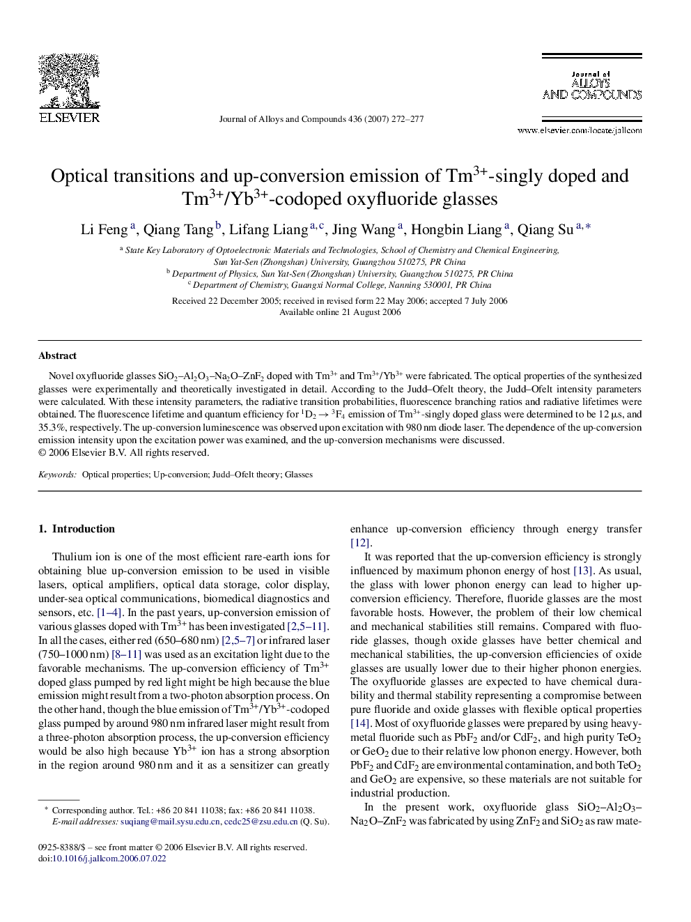 Optical transitions and up-conversion emission of Tm3+-singly doped and Tm3+/Yb3+-codoped oxyfluoride glasses