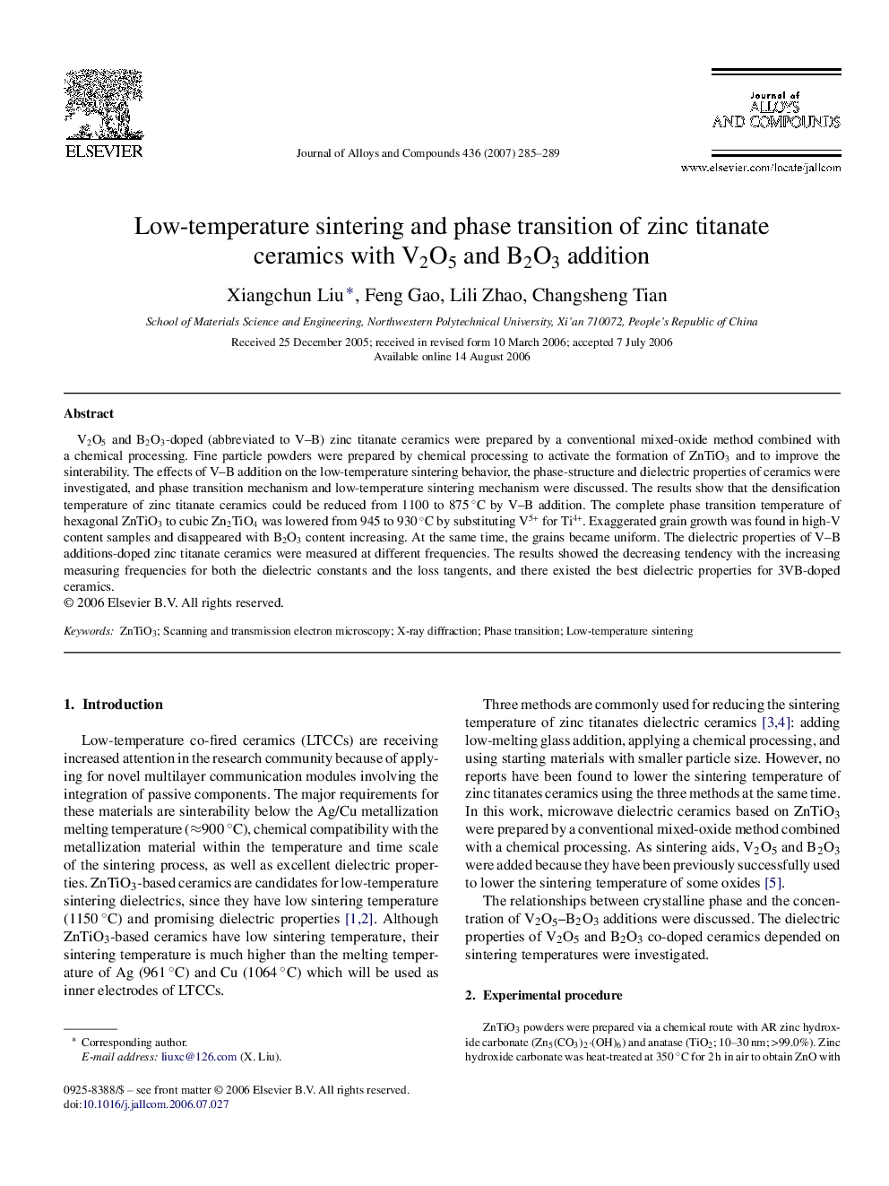 Low-temperature sintering and phase transition of zinc titanate ceramics with V2O5 and B2O3 addition