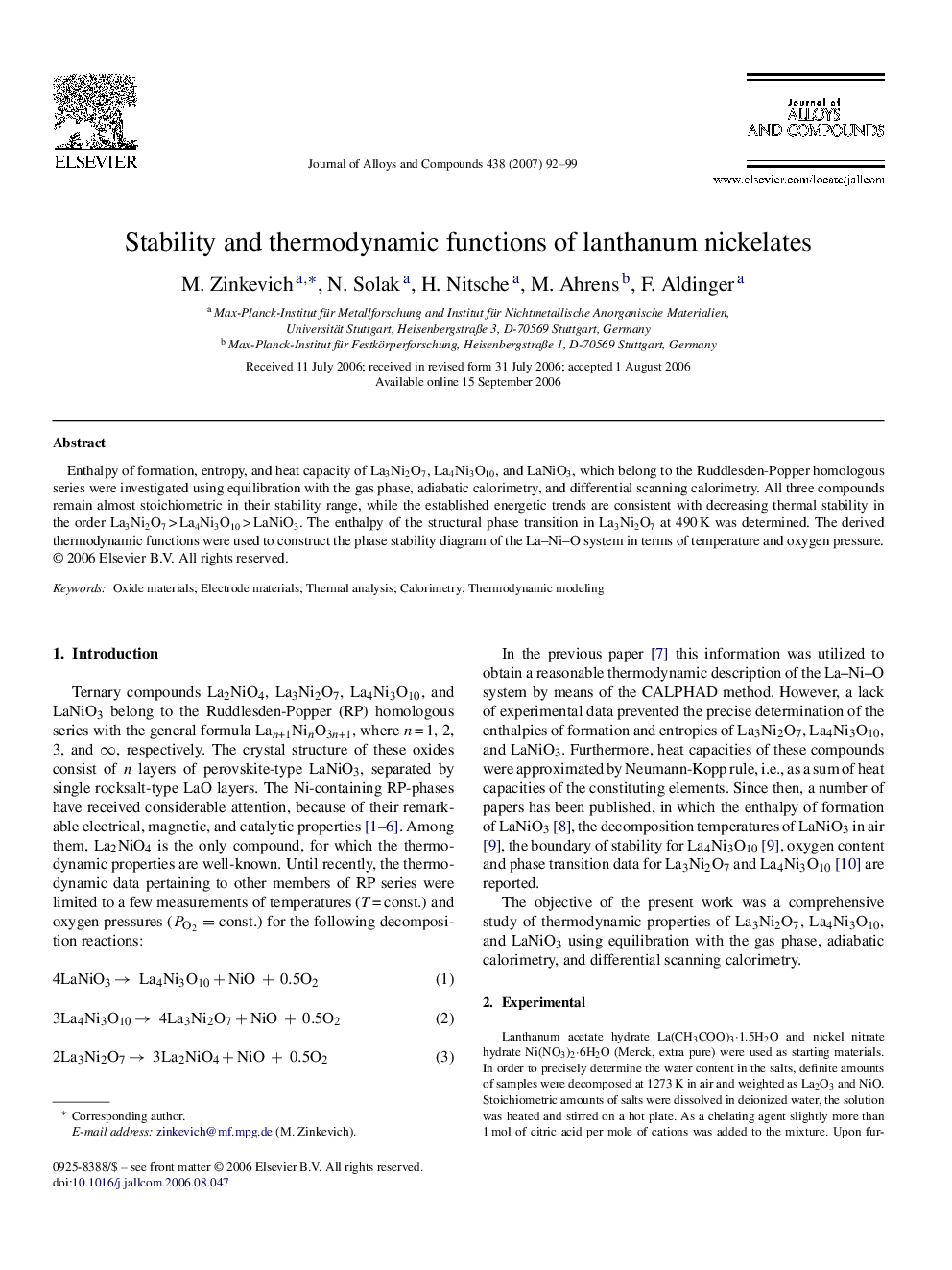 Stability and thermodynamic functions of lanthanum nickelates