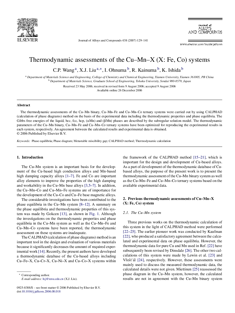 Thermodynamic assessments of the Cu–Mn–X (X: Fe, Co) systems