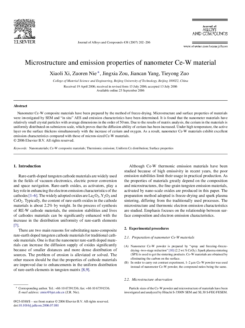 Microstructure and emission properties of nanometer Ce-W material