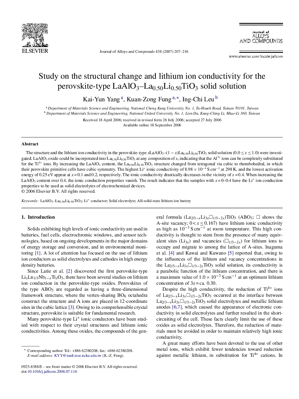 Study on the structural change and lithium ion conductivity for the perovskite-type LaAlO3–La0.50Li0.50TiO3 solid solution