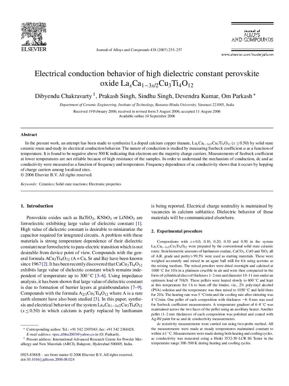 Electrical conduction behavior of high dielectric constant perovskite oxide LaxCa1â3x/2Cu3Ti4O12