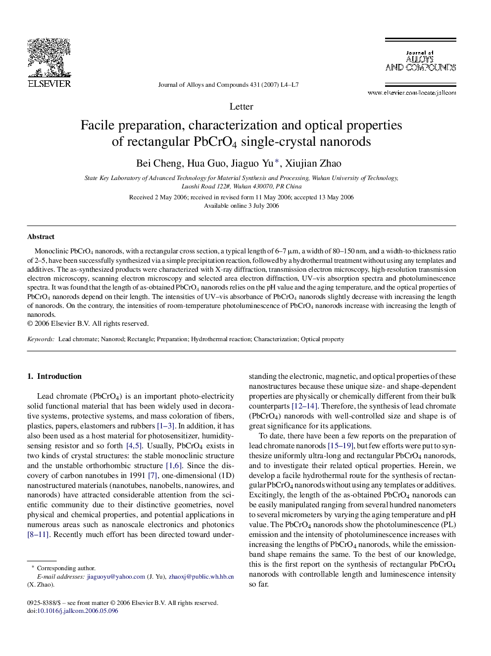 Facile preparation, characterization and optical properties of rectangular PbCrO4 single-crystal nanorods