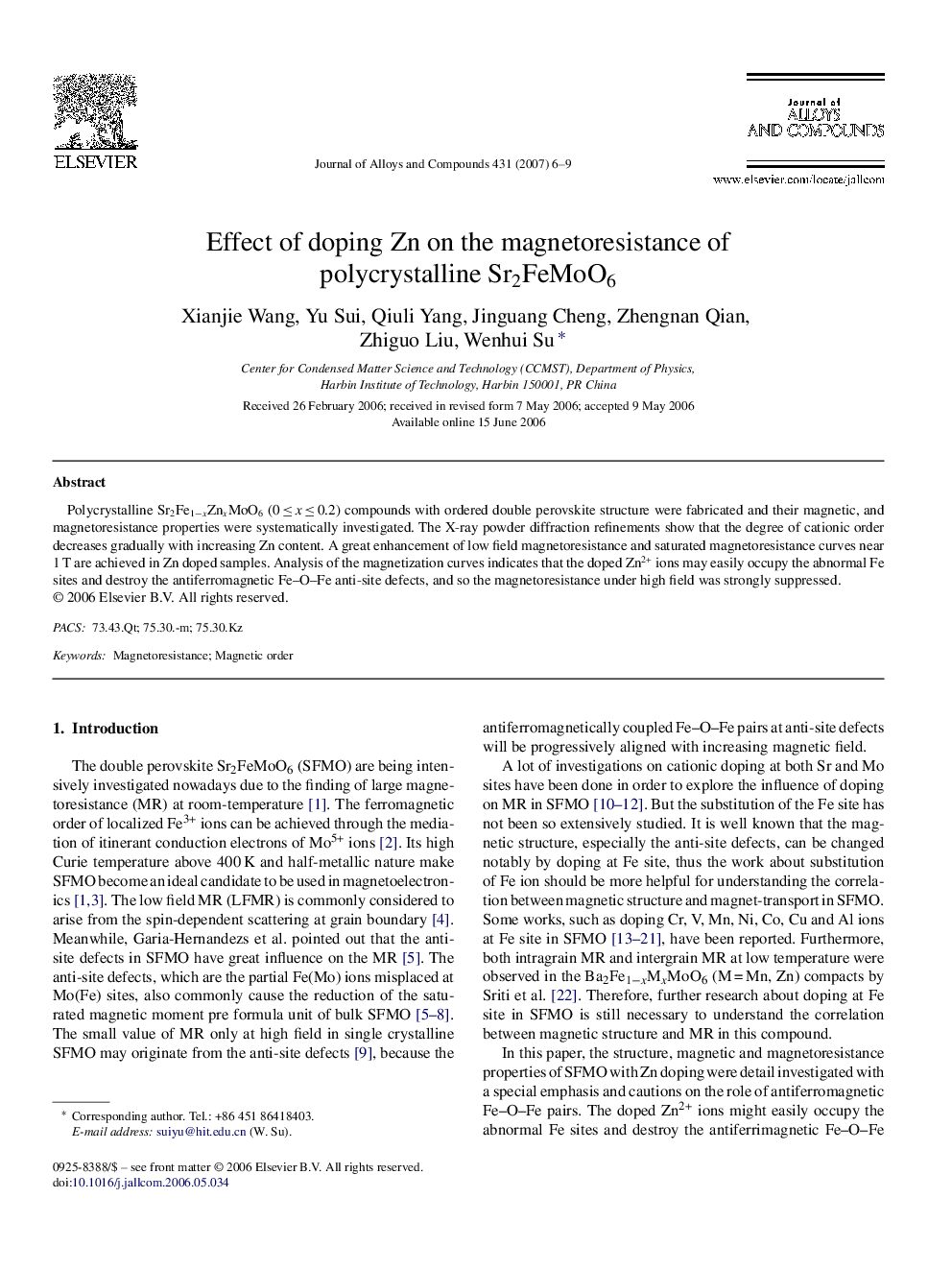 Effect of doping Zn on the magnetoresistance of polycrystalline Sr2FeMoO6