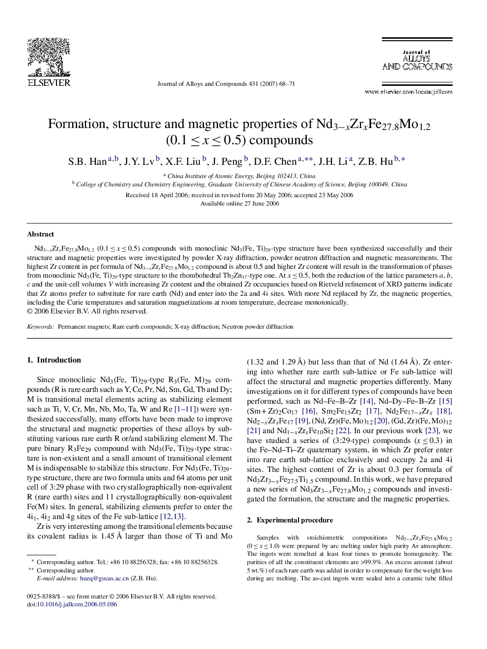 Formation, structure and magnetic properties of Nd3−xZrxFe27.8Mo1.2 (0.1 ≤ x ≤ 0.5) compounds