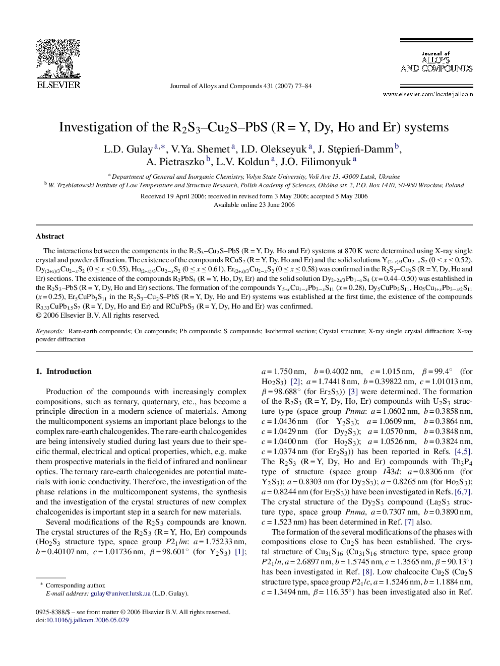 Investigation of the R2S3–Cu2S–PbS (R = Y, Dy, Ho and Er) systems